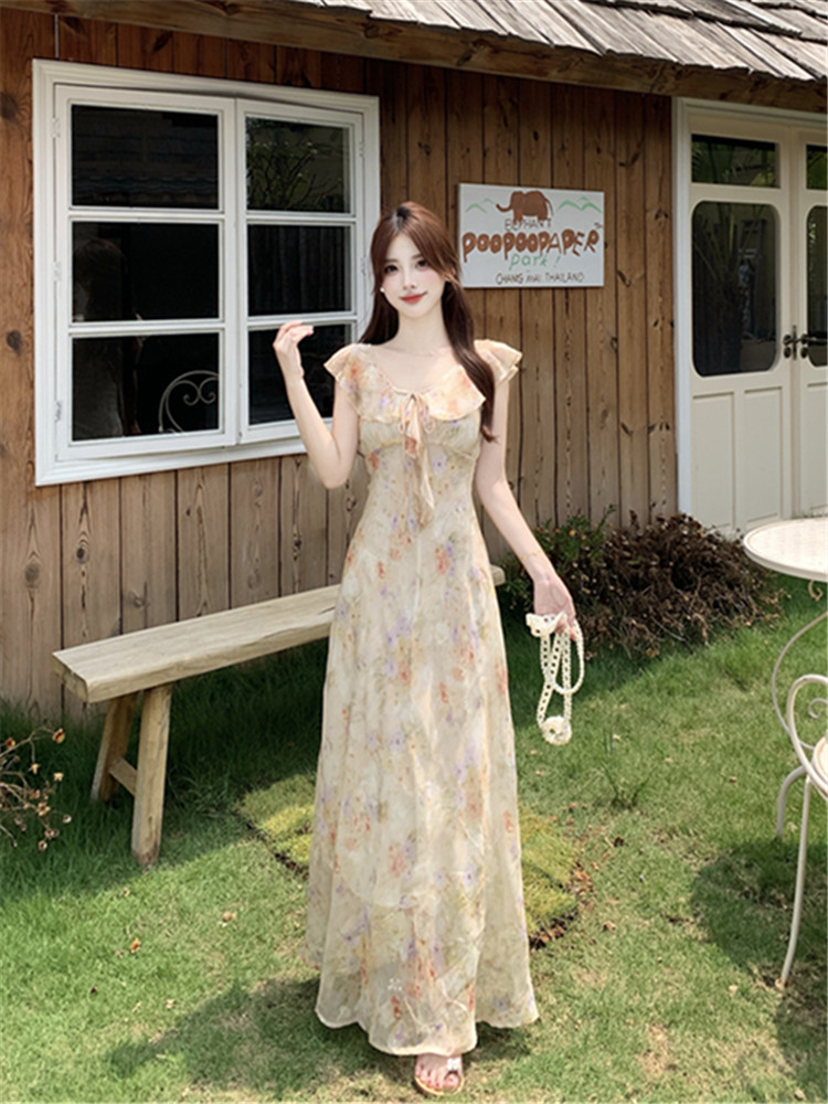 여름 새로운 여성 의류 프랑스식 우아함 프릴 프린트 치마 쉬폰 꽃무늬 여성 드레스