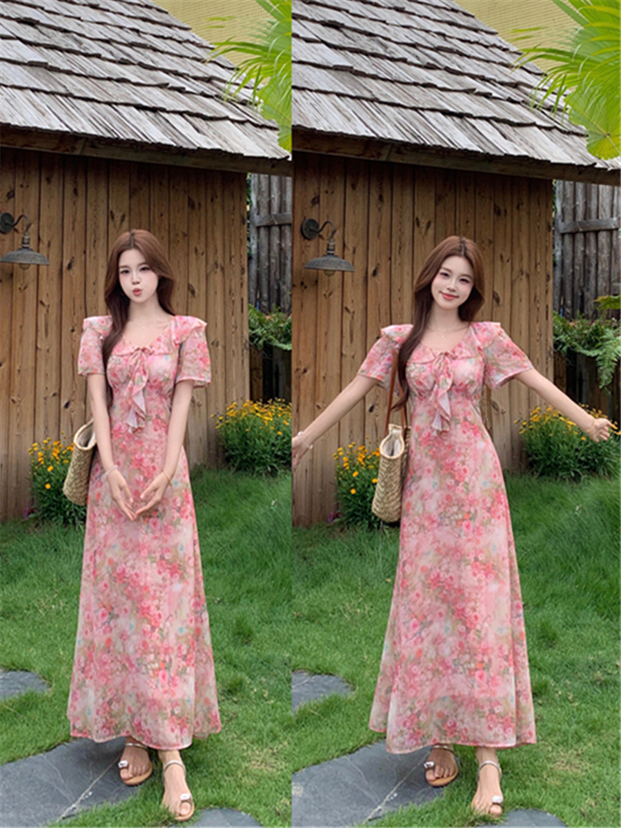 여름 프랑스식 프릴 칼라 나비 매듭 여성 드레스 부드러운 분말 꽃무늬 휴가 치마 허리 수축 슬림해 보이는 차 휴식 치마