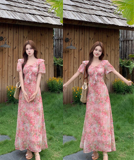 여름 프랑스식 프릴 칼라 나비 매듭 여성 드레스 부드러운 분말 꽃무늬 휴가 치마 허리 수축 슬림해 보이는 차 휴식 치마