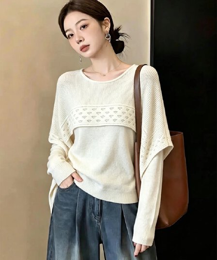 빅 사이즈 표지 배 숄 페이크 레이어드 긴팔 니트 스웨터 여성 봄 가을 통통한 여동생 느긋한 바람 라운드 넥 슬림해 보이는 스웨터