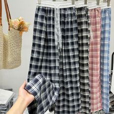 批发天猫质量蕾丝腰带格子直筒裤显瘦坠感<b class='q'>春</b>季薄款女阔腿拖地裤