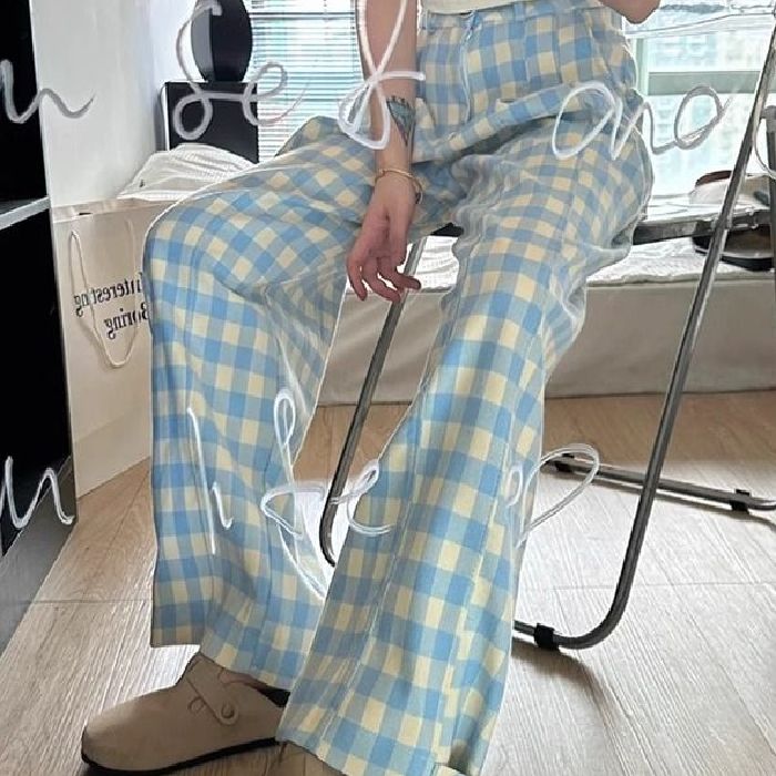 있음 선적 정장 허리 머리 2026 새로운 파란색 체크무늬 캐주얼 바지 여성 하이웨이스트 스트레이트 와이드 레그 팬츠 바닥 청소 바지