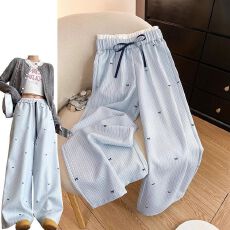 批发韩系蓝色条纹阔腿裤女春季新款薄款小个子直筒裤休闲裤设计感裤子