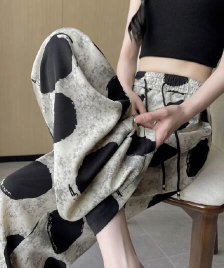 있음 선적 캐주얼 패션 레트로 도트 무늬 와이드 레그 팬츠 새로운 디자인 센스 루즈핏 다용도 슬림해 보이는 캐주얼 바지 여성
