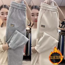 批发欧货<b class='q'>冬</b>季加绒加厚束脚休闲裤女宽松显瘦高腰九分裤百搭哈伦运动裤