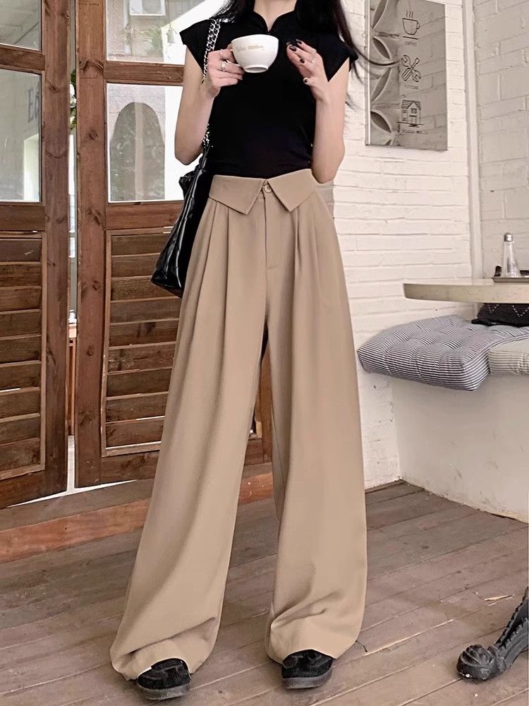 있음 선적 루즈핏 정장 스트레이트 팬츠 여성 여름 다용도 캐주얼 바지 바닥 청소 바지 디자인 센스 하이웨이스트 와이드 레그 팬츠