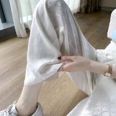 批发加大码冰丝阔腿裤女夏季薄款高腰垂感直筒宽松防晒提花休闲<b class='q'>九分</b>裤