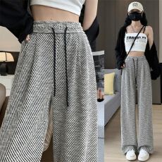 批发已出货 斜纹阔腿裤女新款高腰垂感显瘦直筒条纹加长版拖地裤子