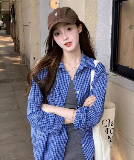원본 셔틀 제직 그리드 파란색 체크무늬 POLO 칼라 셔츠 여성 코트 가을 루즈핏 긴팔 셔츠