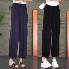 批发夏季薄款藏青色冰丝灯笼裤女2026<b class='q'>休闲</b>直筒哈伦运动花边拼接气球裤