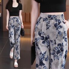 批发冰丝印花阔腿裤女2026年夏季薄款新款松紧腰宽松<b class='q'>九分</b>休闲直筒裤子