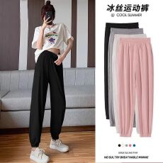 批发大码休闲运动裤女夏季冰丝<b class='q'>胖</b><b class='q'>mm</b><b class='q'>高腰</b>束脚防蚊小个子显瘦灯笼九分裤