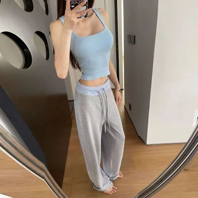 있음 선적 배색 허리 머리 패치워크 운동 캐주얼 바지 여성 여름 새로운 하이웨이스트 도루 센스 루즈핏 바닥 청소 긴 바지