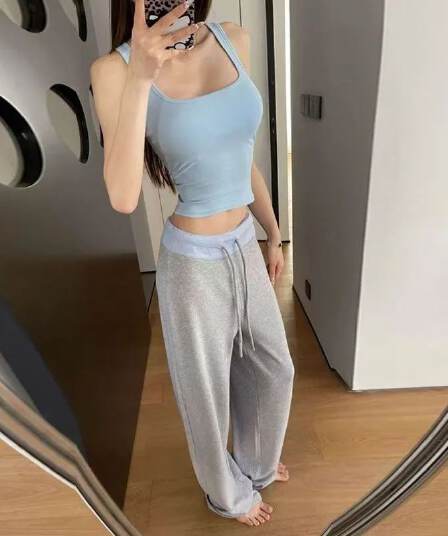 있음 선적 배색 허리 머리 패치워크 운동 캐주얼 바지 여성 여름 새로운 하이웨이스트 도루 센스 루즈핏 바닥 청소 긴 바지