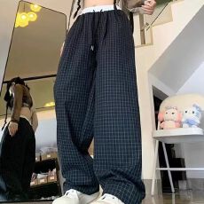 批发设计感复古格子休闲裤女<b class='q'>春</b>夏季新款薄款个性高腰宽松直筒阔腿裤潮