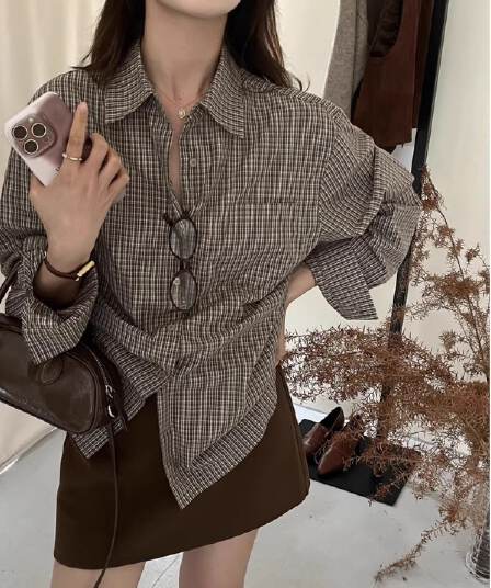 있음 선적 원본 새로운 디자인 센스 긴팔 체크무늬 셔츠 항구 바람 세련된 센스 루즈핏 POLO 칼라 맨위 여성