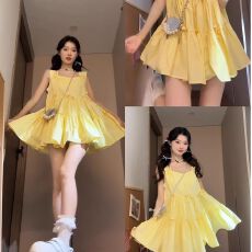 批发<b class='q'>甜美</b>蝴蝶结黄色背心吊带连衣裙女夏季2026新款宽松蓬蓬短裙