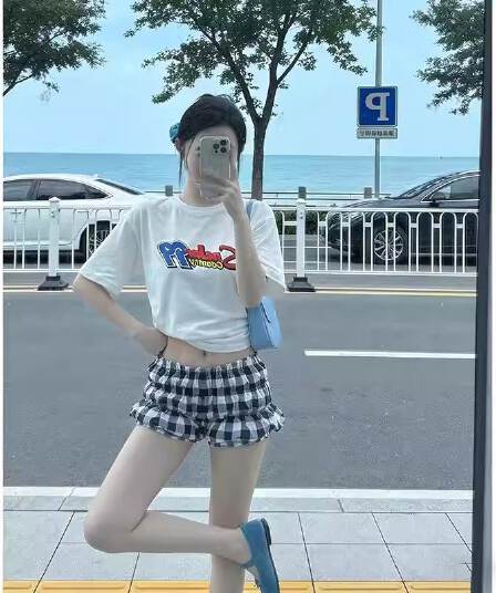 있음 선적 원본 로우 웨이스트 체크무늬 반바지 여성 여름 새로운 몸매 가꾸기 슬림해 보이는 말뚝 더미 바지 캐주얼 꽃밭 반바지