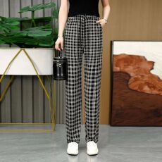 批发夏季新款<b class='q'>大码</b><b class='q'>女裤</b>格子哈伦高腰裤子休闲宽松九分灯笼裤休闲裤薄款