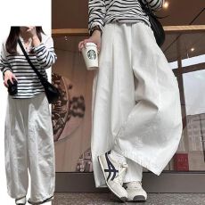 批发已出货 韩版夏季新款高腰宽松显瘦白色弯刀九分阔腿<b class='q'>女</b><b class='q'>工装裤</b>适合