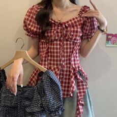 批发已出货韩版<b class='q'>大码</b>复古飘带格子衬衫<b class='q'>女</b>夏季胖妹妹显瘦泡泡袖方领上衣