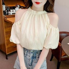 批发已出货 蝴蝶结系带露肩雪纺衫女夏季甜美挂脖泡泡袖<b class='q'>小衫</b>宽松上衣