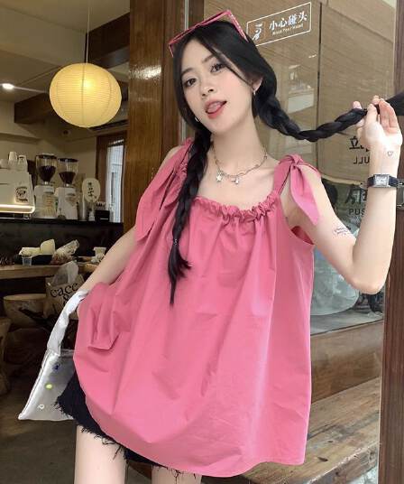 있음 선적 펌프 로프 캐미솔 여성 셔츠 여름 루즈핏 외출용 해변가 휴가 인형 셔츠 민소매 맨위