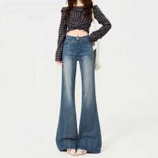 批发复古岩灰微喇牛仔<b class='q'>裤</b>女2026春秋新款高腰显瘦修身<b class='q'>弹力</b>拖地喇叭长<b class='q'>裤</b>