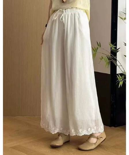 문예 레트로 단색 자수 와이드 레깅스 바지 여름 새로운 루즈핏 캐주얼 다용도 9 포인트 긴 바지 아이들 바지