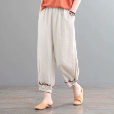 批发刺绣束脚长裤女文艺复古大码遮肉九分<b class='q'>哈伦</b>裤洋气纯色女高腰<b class='q'>休闲裤</b>