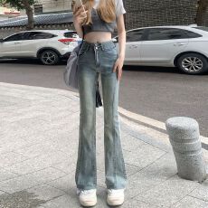 修身春秋拼接设计双扣怀旧高腰牛仔裤毛边阔腿微喇长裤子女
