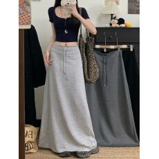 批发韩版抽绳开叉半身裙垂坠感A字裙女装秋季高腰<b class='q'>百搭</b>直筒裙灰色长裙