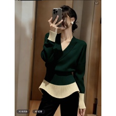 批发法式复古风撞色V领<b class='q'>长袖</b>针织衫 女冬季新款高级感收腰显瘦套头上衣