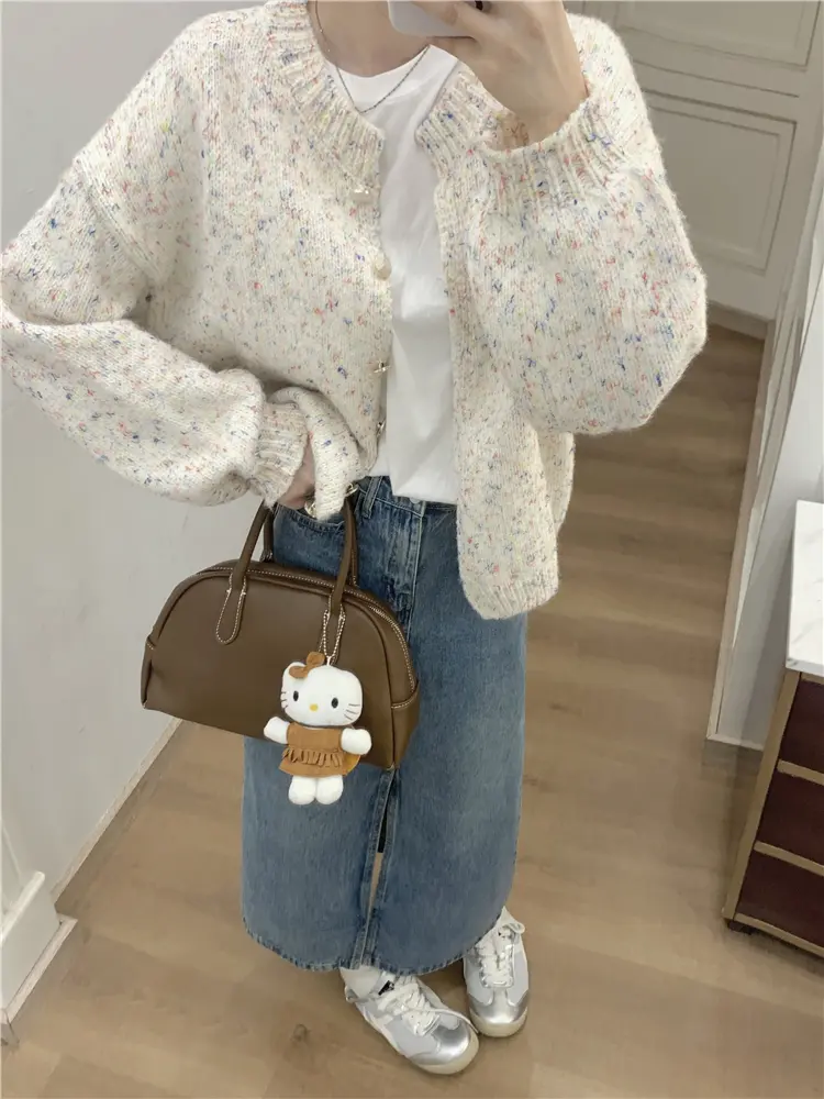 한국인기 라운드넥 루즈핏 컬러 포인트 가디건 상세 이미지 8
