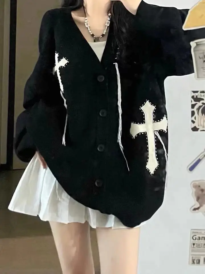 일본인기 레트로 크로스 긴소매 가디건 상세 이미지 3
