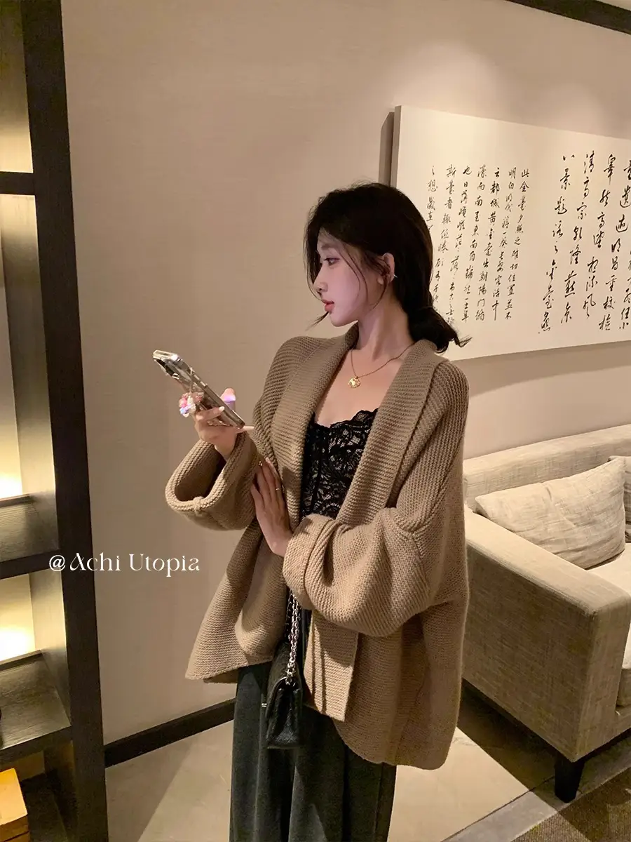 폴드 칼라 루즈핏 미디 가디건 상세 이미지 4