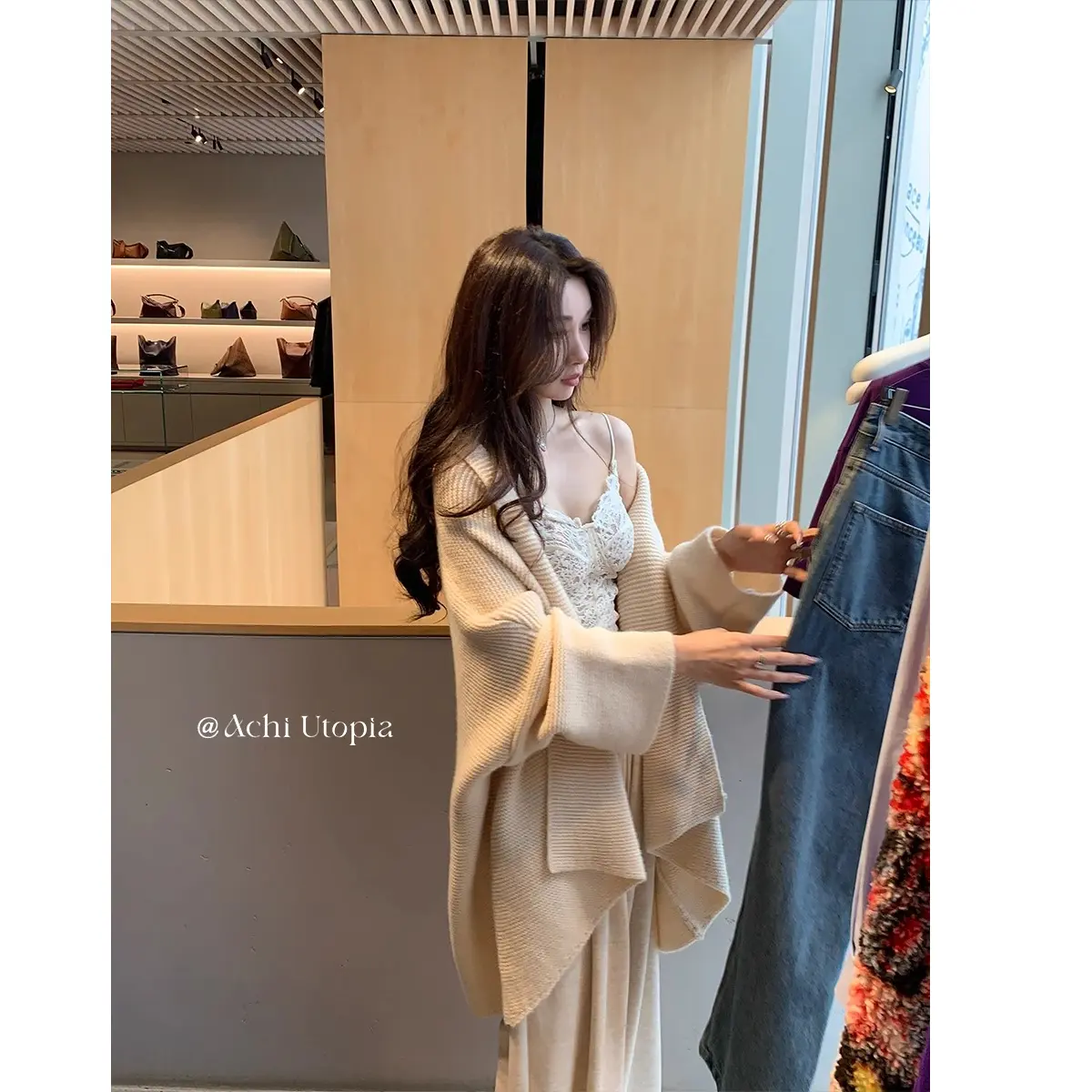 폴드 칼라 루즈핏 미디 가디건 상세 이미지 5