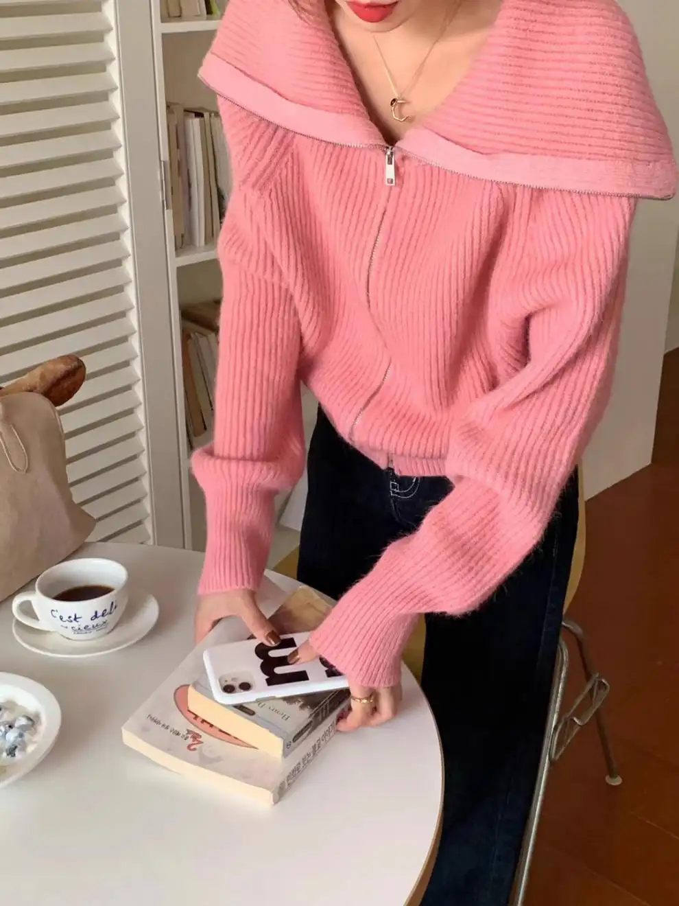 한국인기 폴드 칼라 지퍼 루즈핏 니트 가디건 상세 이미지 17