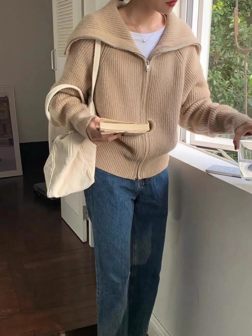 한국인기 폴드 칼라 지퍼 루즈핏 니트 가디건 상세 이미지 19