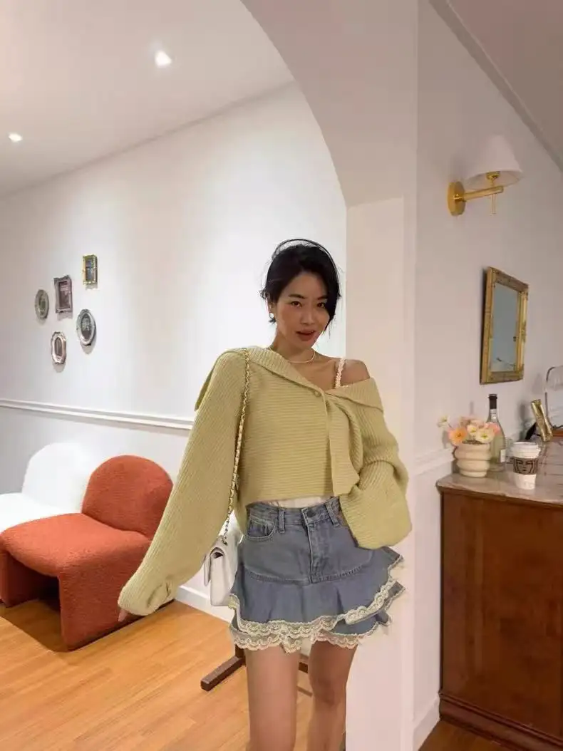 숄 칼라 루즈핏 크롭 배트윙 니트 가디건 상세 이미지 1