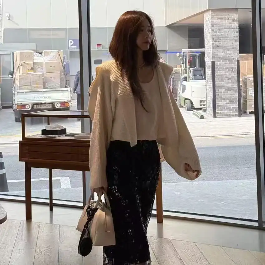 숄 칼라 루즈핏 크롭 배트윙 니트 가디건 상세 이미지 5