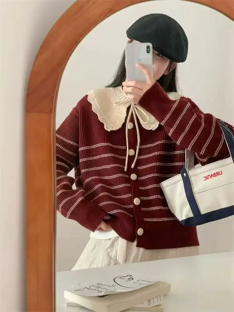 프렌치 빈티지 스트라이프 폴로 카디건