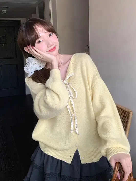 레이스 끈 디테일 카디건 상세 이미지 1