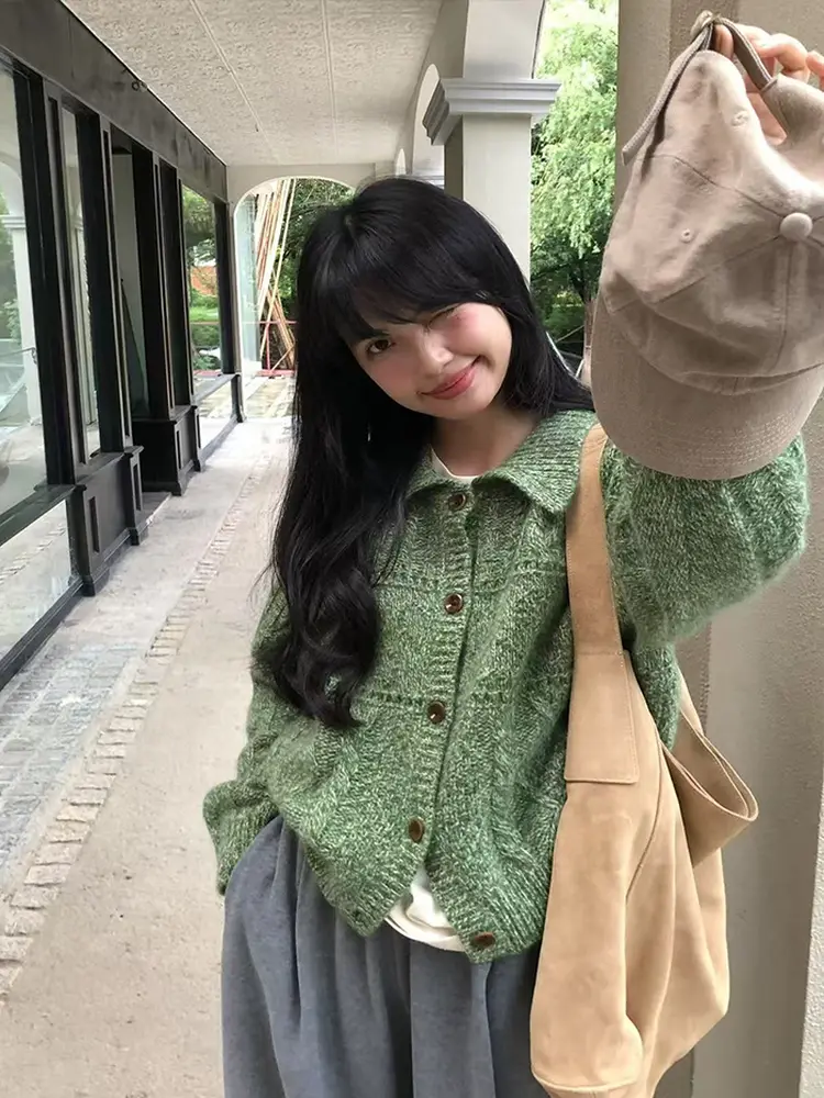 빈티지 트위스트 폴드 칼라 니트 카디건 상세 이미지 2