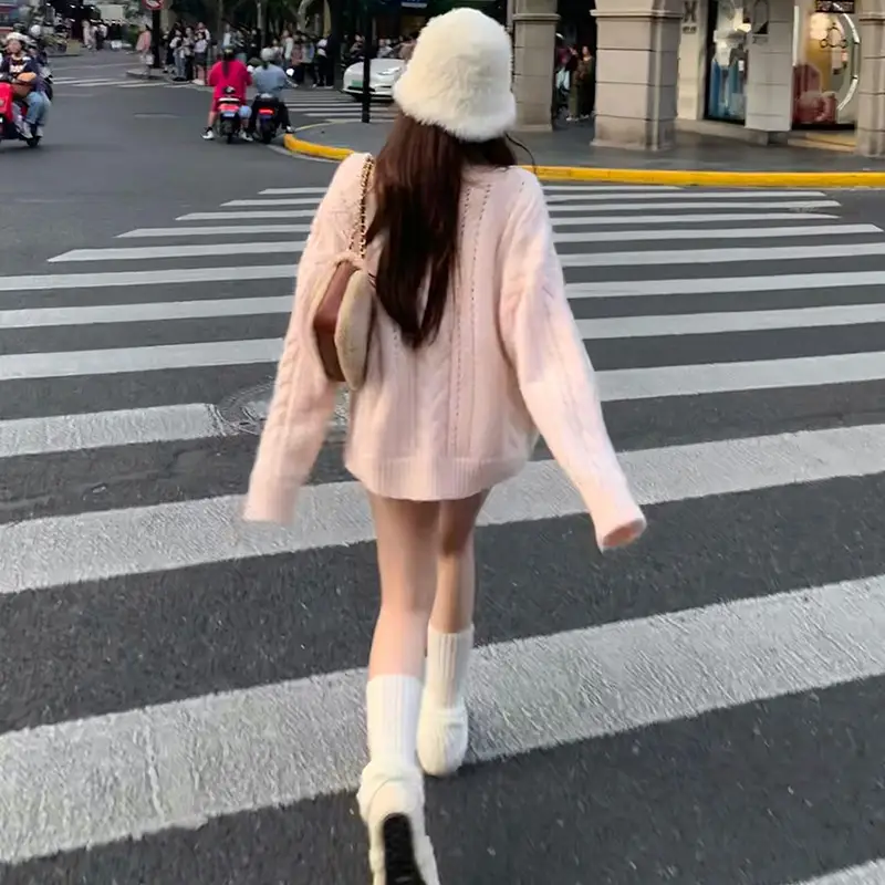 핑크 V넥 꽈배기 니트 가디건 상세 이미지 6
