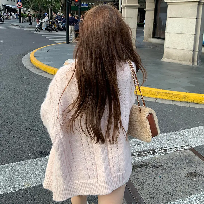 핑크 V넥 꽈배기 니트 가디건 상세 이미지 8