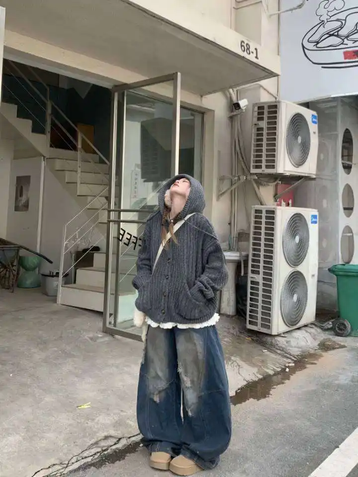 레트로 루즈핏 후드 가디건 니트 상세 이미지 3