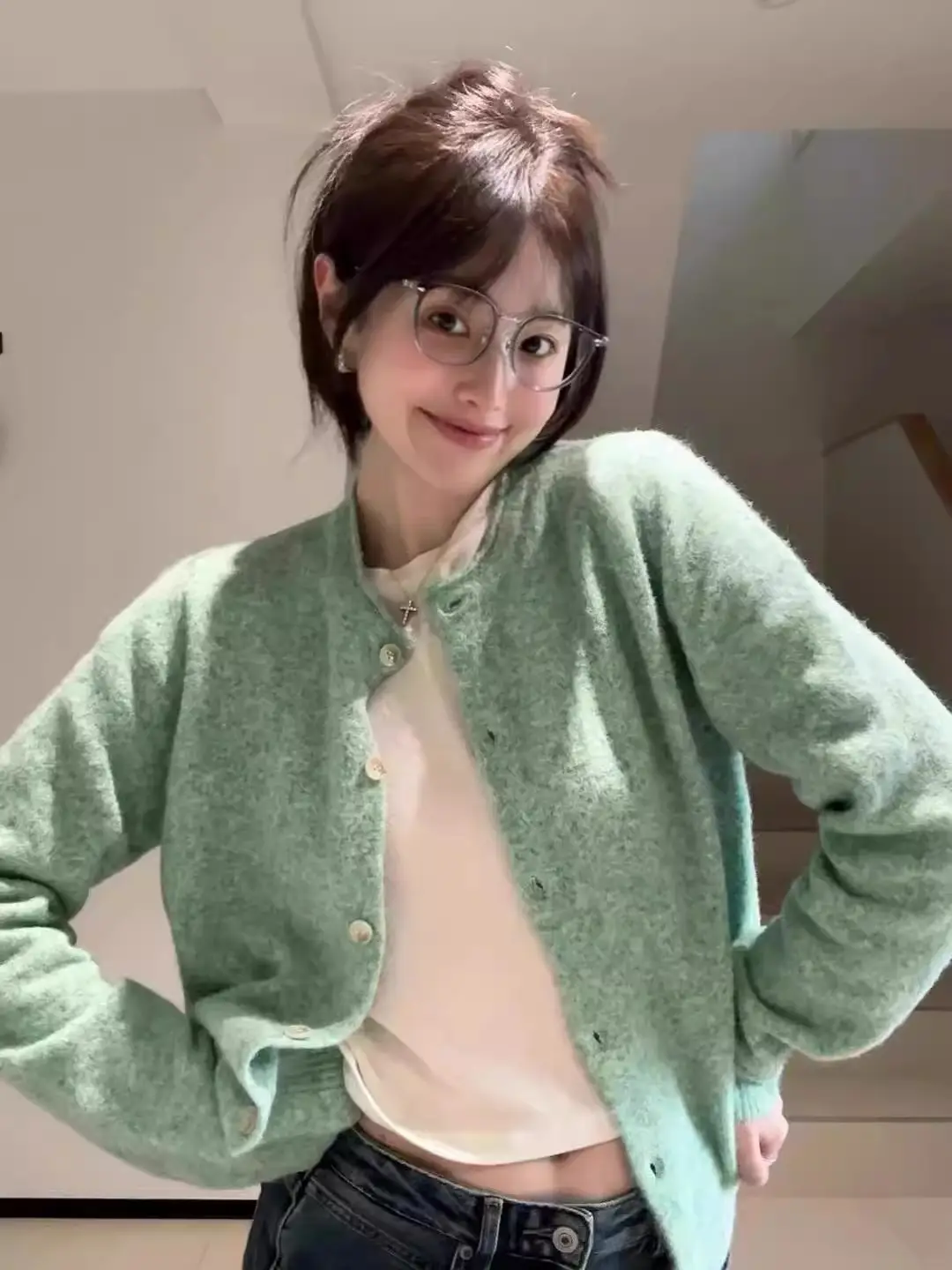 민트그린 라운드넥 가디건 상세 이미지 5