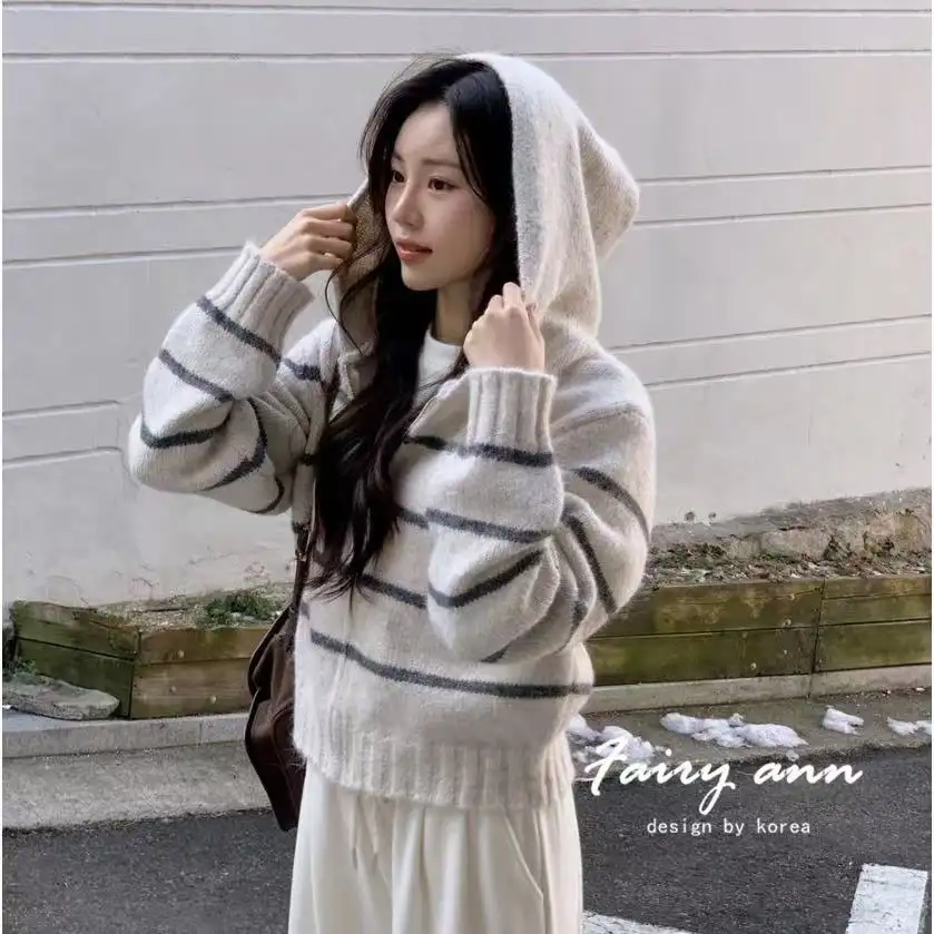 배색 후드 니트 카디건 상세 이미지 1