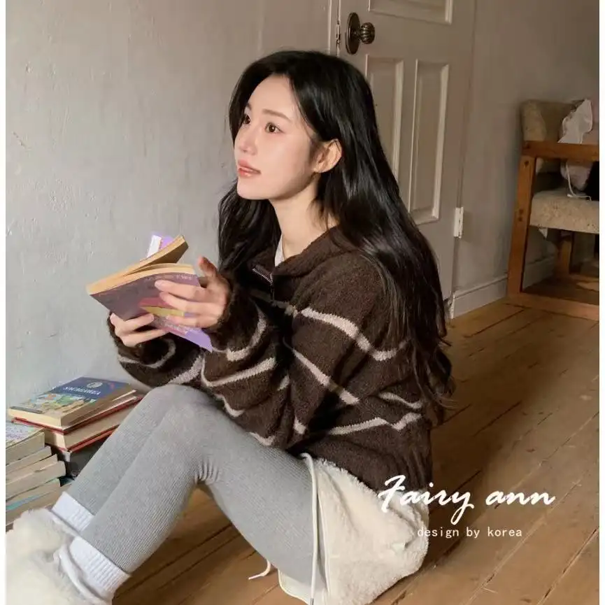 배색 후드 니트 카디건 상세 이미지 2